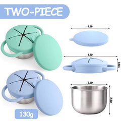 Theoni Stainless Steel Snack Cups with Removable Silicone Food Catcher & Travel Lid – Spill-Proof, Toddler-Friendly, Dishwasher Safe- Blue & Green