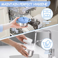 Theoni Stainless Steel Snack Cups with Removable Silicone Food Catcher & Travel Lid – Spill-Proof, Toddler-Friendly, Dishwasher Safe- Blue & Green