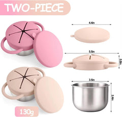 Theoni Stainless Steel Snack Cups with Removable Silicone Food Catcher & Travel Lid – Spill-Proof, Toddler-Friendly, Dishwasher Safe- Beige & Pink