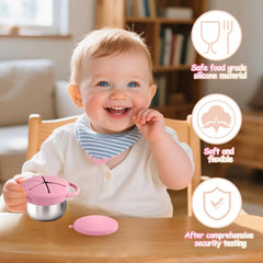 Theoni Stainless Steel Snack Cups with Removable Silicone Food Catcher & Travel Lid – Spill-Proof, Toddler-Friendly, Dishwasher Safe- Pink & Purple