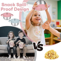 Theoni Stainless Steel Snack Cups with Removable Silicone Food Catcher & Travel Lid – Spill-Proof, Toddler-Friendly, Dishwasher Safe- Beige & Pink