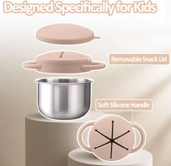 Theoni Stainless Steel Snack Cups with Removable Silicone Food Catcher & Travel Lid – Spill-Proof, Toddler-Friendly, Dishwasher Safe- Beige & Pink
