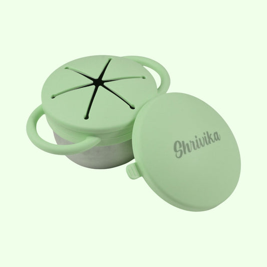 Theoni Stainless Steel Snack Cups with Removable Silicone Food Catcher & Travel Lid – Spill-Proof, Toddler-Friendly, Dishwasher Safe- Green