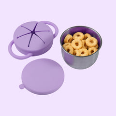 Theoni Stainless Steel Snack Cups with Removable Silicone Food Catcher & Travel Lid – Spill-Proof, Toddler-Friendly, Dishwasher Safe- Purple