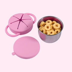 Theoni Stainless Steel Snack Cups with Removable Silicone Food Catcher & Travel Lid – Spill-Proof, Toddler-Friendly, Dishwasher Safe- Pink