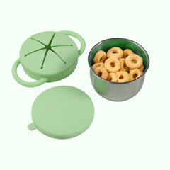 Theoni Stainless Steel Snack Cups with Removable Silicone Food Catcher & Travel Lid – Spill-Proof, Toddler-Friendly, Dishwasher Safe- Green
