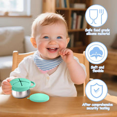 Theoni Stainless Steel Snack Cups with Removable Silicone Food Catcher & Travel Lid – Spill-Proof, Toddler-Friendly, Dishwasher Safe- Blue & Green