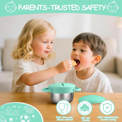 Theoni Stainless Steel Snack Cups with Removable Silicone Food Catcher & Travel Lid – Spill-Proof, Toddler-Friendly, Dishwasher Safe- Blue & Green