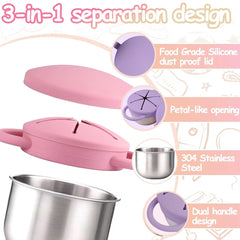 Theoni Stainless Steel Snack Cups with Removable Silicone Food Catcher & Travel Lid – Spill-Proof, Toddler-Friendly, Dishwasher Safe- Pink & Purple