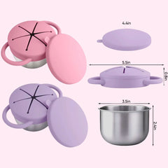 Theoni Stainless Steel Snack Cups with Removable Silicone Food Catcher & Travel Lid – Spill-Proof, Toddler-Friendly, Dishwasher Safe- Pink & Purple