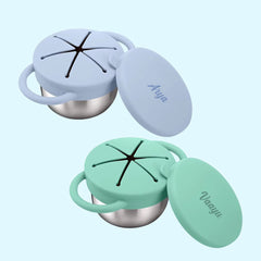 Theoni Stainless Steel Snack Cups with Removable Silicone Food Catcher & Travel Lid – Spill-Proof, Toddler-Friendly, Dishwasher Safe- Blue & Green