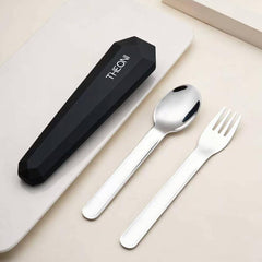 Theoni On-the-Go Stainless Steel Cutlery Set for Kids – BPA-Free, Dishwasher Safe Travel Spoon & Fork with Silicone Case – Black