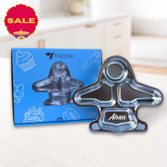 Theoni Stainless Steel Aeroplane Shape Kids Plate / Non Suction Plate / Dinner Dish -Personalization Available