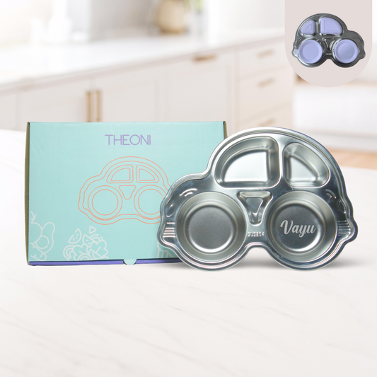 Theoni Stainless Steel Car Shape Suction Plate for Toddlers | 4 Section Kids Feeding Plate | BPA-Free & Dishwasher Safe - Personalization Available (Blue)
