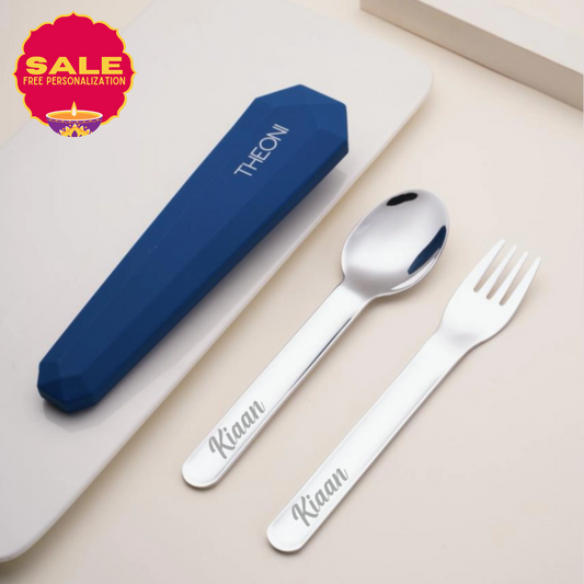 Theoni On-the-Go Stainless Steel Cutlery Set for Kids – BPA-Free, Dishwasher Safe Travel Spoon & Fork with Silicone Case – Navy Blue