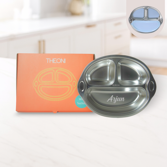 Theoni Stainless Steel Suction Plate for Toddlers | 3 Compartment Monkey Baby Feeding Plate | BPA-Free & Dishwasher Safe - Personalization Available (Blue)
