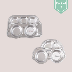 Theoni Stainless Steel Section Kids Plate / Portion Plate / Dinner Dish  - Set of 2 (1 Car & 1 Bus)