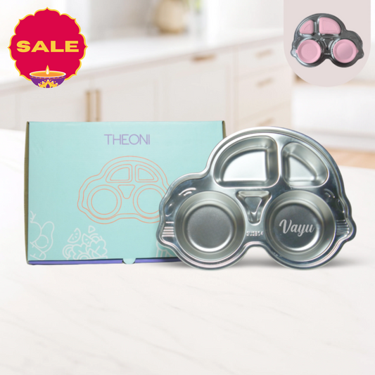 Theoni Stainless Steel Car Shape Suction Plate for Toddlers | 4 Section Kids Feeding Plate | BPA-Free & Dishwasher Safe - Personalization Available (Pink)