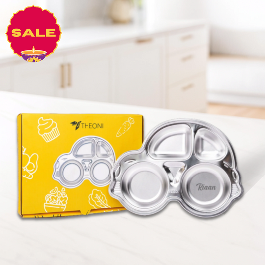 Theoni Stainless Steel Car Shape Kids Plate / Non Suction Plate / Dinner Dish -Personalization Available