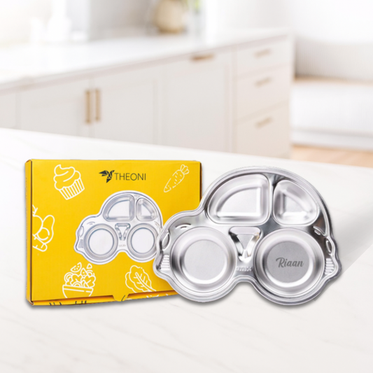 Theoni Stainless Steel Car Shape Kids Plate / Non Suction Plate / Dinner Dish -Personalization Available