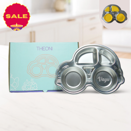 Theoni Stainless Steel Car Shape Suction Plate for Toddlers | 4 Section Kids Feeding Plate | BPA-Free & Dishwasher Safe - Personalization Available(Yellow)
