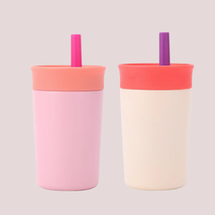 Theoni Kids Stainless Steel Insulated Tumbler with Silicon Straw & Cleaning Brush | 355ml | Leak-Proof, BPA-Free, Travel Friendly – Beige and Pink