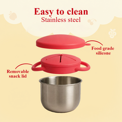 Theoni Stainless Steel Snack Cups with Removable Silicone Food Catcher & Travel Lid – Spill-Proof, Toddler-Friendly, Dishwasher Safe- Red