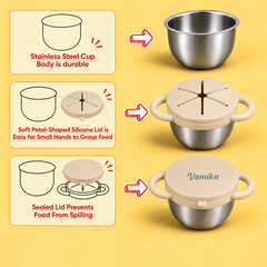 Theoni Stainless Steel Snack Cups with Removable Silicone Food Catcher & Travel Lid – Spill-Proof, Toddler-Friendly, Dishwasher Safe- Beige