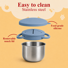 Theoni Stainless Steel Snack Cups with Removable Silicone Food Catcher & Travel Lid – Spill-Proof, Toddler-Friendly, Dishwasher Safe- Dusty Blue