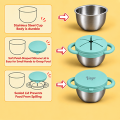 Theoni Stainless Steel Snack Cups with Removable Silicone Food Catcher & Travel Lid – Spill-Proof, Toddler-Friendly, Dishwasher Safe- Green