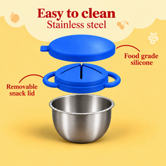 Theoni Stainless Steel Snack Cups with Removable Silicone Food Catcher & Travel Lid – Spill-Proof, Toddler-Friendly, Dishwasher Safe- Blue