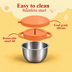 Theoni Stainless Steel Snack Cups with Removable Silicone Food Catcher & Travel Lid – Spill-Proof, Toddler-Friendly, Dishwasher Safe- Orange