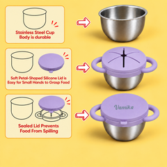 Theoni Stainless Steel Snack Cups with Removable Silicone Food Catcher & Travel Lid – Spill-Proof, Toddler-Friendly, Dishwasher Safe- Purple