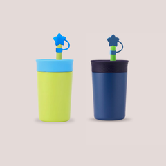 Theoni Kids Stainless Star Insulated Tumbler with Silicon Straw & Cleaning Brush | 355ml | Leak-Proof, BPA-Free, Travel Friendly – Green and Navy Blue