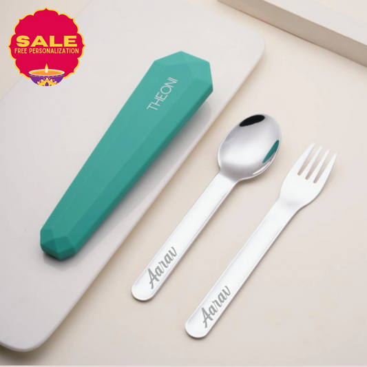 Theoni On-the-Go Stainless Steel Cutlery Set for Kids – BPA-Free, Dishwasher Safe Travel Spoon & Fork with Silicone Case – Mint Green
