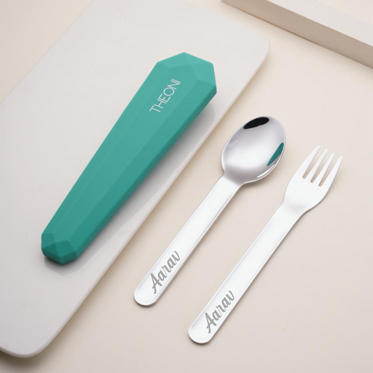 Theoni On-the-Go Stainless Steel Cutlery Set for Kids – BPA-Free, Dishwasher Safe Travel Spoon & Fork with Silicone Case – Mint Green