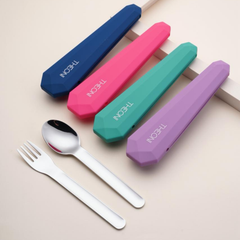 Theoni On-the-Go Stainless Steel Cutlery Set for Kids – BPA-Free, Dishwasher Safe Travel Spoon & Fork with Silicone Case – Navy Blue