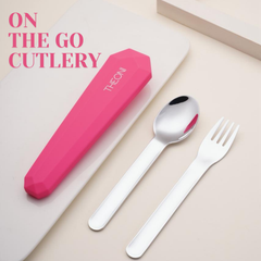 Theoni On-the-Go Stainless Steel Cutlery Set for Kids – BPA-Free, Dishwasher Safe Travel Spoon & Fork with Silicone Case – Pink
