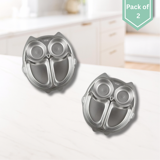 THEONI Stainless Steel Section Owl Shape Kids Plate / Portion Plate / Dinner Dish - Owl Shape (Set of 2). Personalize With Name