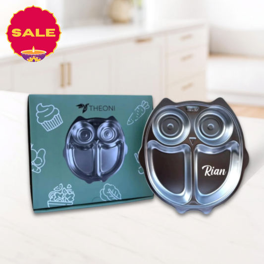 Theoni Stainless Steel Owl Shape Kids Plate / Non Suction Plate/ Dinner Dish -Personalization Available