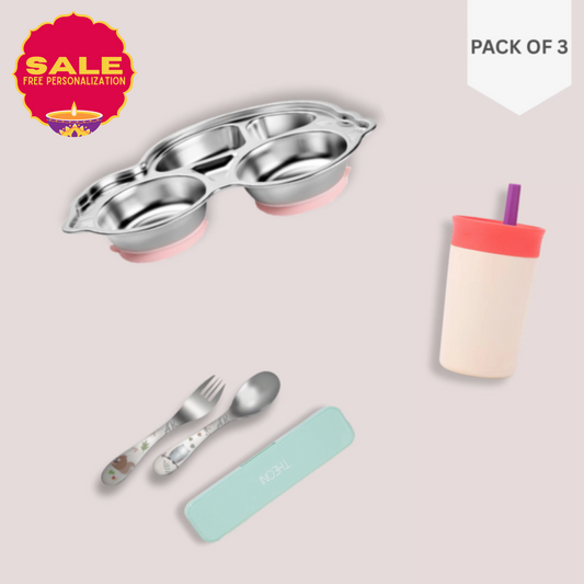 Theoni Pink Car Mealtime Joy Bundle – Suction Plate, Beige Insulated Tumbler & Cutlery Set