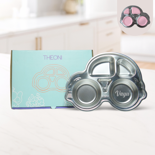 Theoni Stainless Steel Car Shape Suction Plate for Toddlers | 4 Section Kids Feeding Plate | BPA-Free & Dishwasher Safe - Personalization Available (Pink)