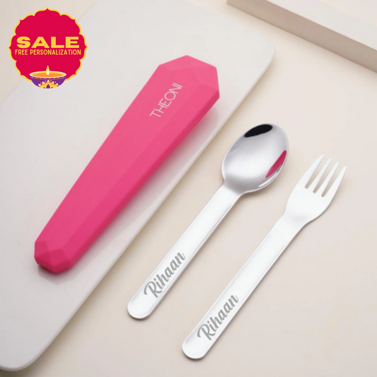 Theoni On-the-Go Stainless Steel Cutlery Set for Kids – BPA-Free, Dishwasher Safe Travel Spoon & Fork with Silicone Case – Pink
