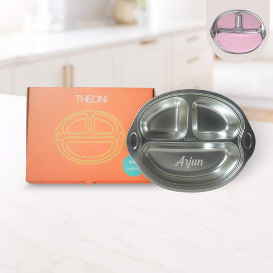 Theoni Stainless Steel Suction Plate for Toddlers | 3 Compartment Monkey Baby Feeding Plate | BPA-Free & Dishwasher Safe - Personalization Available (Pink)