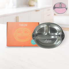 Theoni Stainless Steel Suction Plate for Toddlers | 3 Compartment Monkey Baby Feeding Plate | BPA-Free & Dishwasher Safe - Personalization Available (Pink)