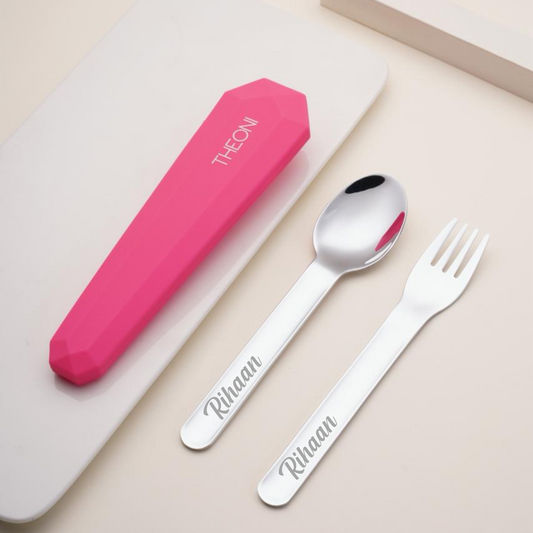 Theoni On-the-Go Stainless Steel Cutlery Set for Kids – BPA-Free, Dishwasher Safe Travel Spoon & Fork with Silicone Case – Pink