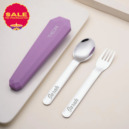 Theoni On-the-Go Stainless Steel Cutlery Set for Kids – BPA-Free, Dishwasher Safe Travel Spoon & Fork with Silicone Case – Purple