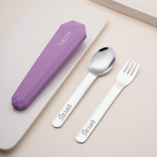 Theoni On-the-Go Stainless Steel Cutlery Set for Kids – BPA-Free, Dishwasher Safe Travel Spoon & Fork with Silicone Case – Purple