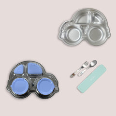 Theoni Stainless Steel Car Shape Suction Plate with Toddler Cutlery Set | 4 Compartment Kids Plate | BPA-Free & Dishwasher Safe (Blue Suction)