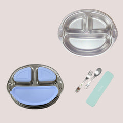 Theoni Stainless Steel Monkey Shape Suction Plate with Toddler Cutlery Set | 3 Compartment Baby Plate | BPA-Free & Durable (Blue Suction)